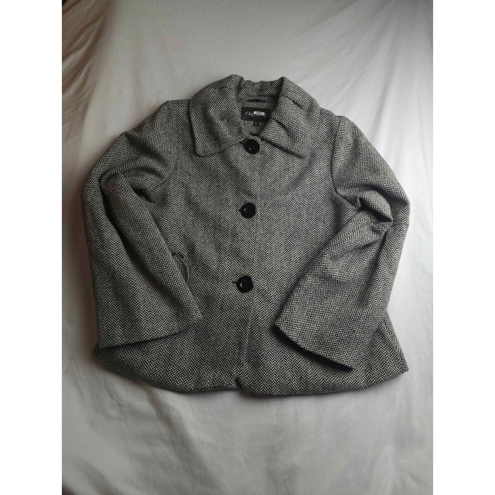 Oleg Cassini Womens Herringbone Wool Blend Pea Coat Black White Size L 9268WH-29